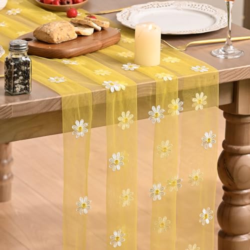 Artoid Mode Yellow Daisy Gauze Embroidery Table Runner 120 Inch 10FT, Tulle Seasonal Spring Kitchen Dining Holiday Table Decor for Home Party - color: Yellow