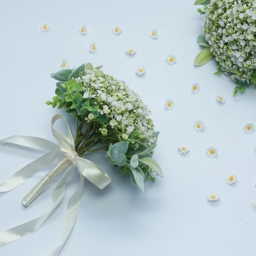 Artificial Bridesmaid Bouquets Set of 6 - Ivory White 9 Inch Flower Bouquet for Wedding Party Ceremony Anniversary Dinning Table Centerpieces Decor Faux Boho (Babys Breath & Ribbon) - color: Babys Breath