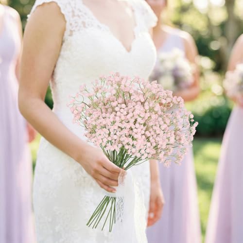 12PCS Pink Babys Breath Artificial Flowers, 24inch Faux Gypsophila Bouquet Real Touch Fake Babys Breath Flowers for Floral Arrangements Wedding Centerpieces Tables Decorations (Pink) - color: Pink