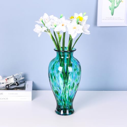 11.8" Tall Blown Teal Glass Vase, Green Opaque Glass Vase, Unique Design Turquoise Wide Mouth Art Decoration for Home, Living Room, Dining Table, Pampas Grass Decor (Greener) - color: Greener