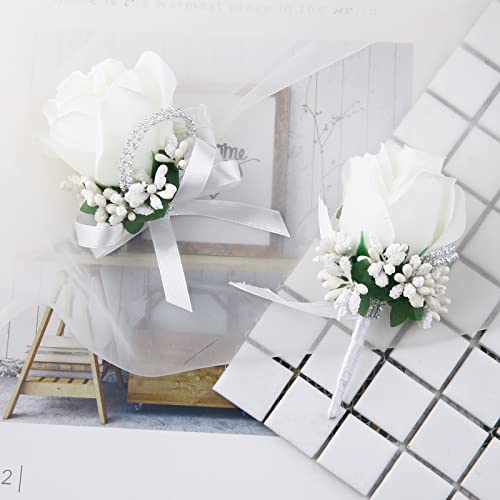 White Wedding Rose Boutonniere with Pins for Men Wedding Best Man Groomsmen Corsage Groom Boutonnieres for Ceremony Party Prom (Boutonniere- White, 6 Packs) - color: Boutonniere- White, size: 6 Packs