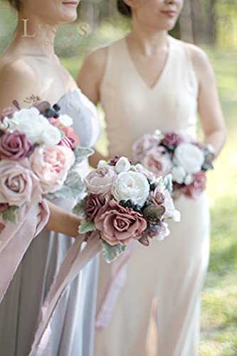 Ling's moment Artificial Bridesmaid Bouquets Set of 4,Dusty Rose Wedding Flower Bouquets Mauve Floral Bouquet Bridal Bouquets with Ribbon,Ceremony,Anniversary,7-inch Diameter - color: Pk-dusty Rose & Mauve