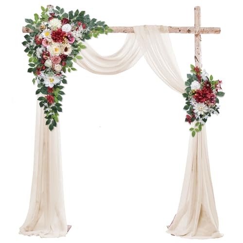 Odouzy Wedding Arch Flowers Kit,Artificial Flower Arch Decor (Set of 3),2pcs Artificial Flower Arrangement with 1pc Sheer Drape for Wedding Decor Reception Backdrop Floral Decorations (Wine Red) - color: Wine Red
