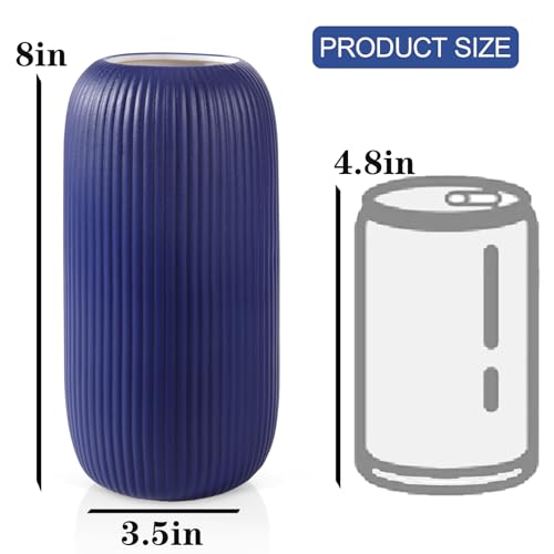 Ceramic Vase for Flowers – Modern Small Ribbed Textured Flower Vase for Home Decor, Pampas Grass, Decorative, Farmhouse, Coffee Table, Kitchen Centerpieces, Bookshelf and Home Living (Navy Blue) - color: Navy Blue