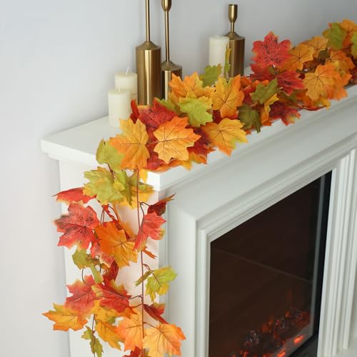 Mizii Fall Decor 5 Packs 390" Artificial Maples Vines Garland Fake Vine Fall Garland Silk Maple Leaves Faux Hanging Plants for Thanksgiving Porch Mantle Fireplace Farmhouse Harvest Decorations (Maple) - color: Maple