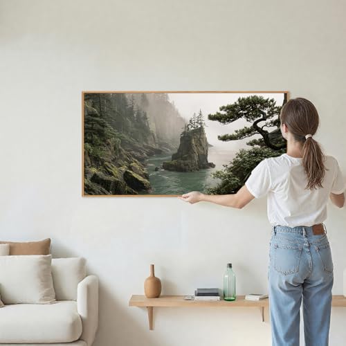 Rantodecor Coastal Forest Framed Canvas Wall Art, Pacific Northwest Coast landscape Wall Decor, Nature PNW Mountain Sea Art Paintings, Sage Green Pine Artwork for Bedroom Living Room Office 40"x20" - color: Coastal Forest, size: 40"L x 20"W