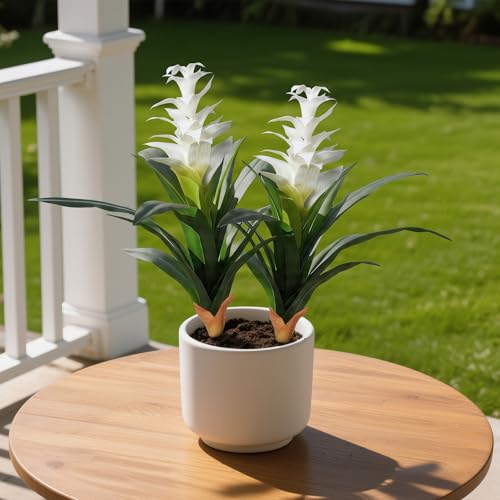 Ivydale Fake Flowers Plants for Outdoors, 2 Pcs 16.93" Bromeliad Artificial Flowers Uv Resistant Realistic Faux Flowers for Outdoor Planters Outside Porch Patio Yard Garden Indoor Decoration(White) - color: White