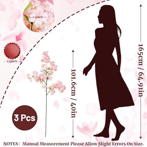 YOUNGLEAVES 3 Pcs Cherry Blossom Branches,40 inch Realistic Artificial Flowers Long Stem Spring Decorations for Tall Vase Home Wedding, Party Table Centerpiece Floral Arrangements Decor (Pink) - color: Pink
