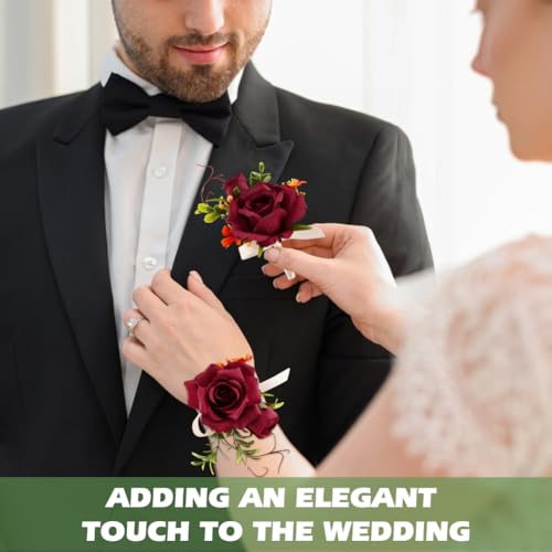 Artificial Rose Corsage & Wrist Corsage Set, Rose Wrist Flower Wristlet Bracelet Groom Best Man Boutonniere, for Prom Suit Decorations Wedding Party Flower Accessories(Color:Red) - color: Red