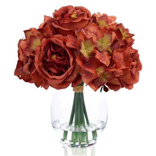 WELL KNOWN Artificial Austin Roses and Hydrangea Petals, 11.5" H Silk Roses Flower Bouquet with Fake Water in Glass Vase, Faux Peony for Home Decor, Table Decor, Weddings,Gift (Burnt Orange) - color: Burnt Orange