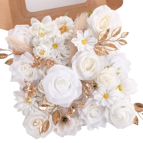 Garisey Artificial Flowers Combo, Mix Silk Flowers Roses, Peonies, Dahlias with Stems for DIY Wedding Bridal Bouquets, Baby Shower, Table Centerpieces, Home Decor, Fake Floral Arrangements-White - color: White