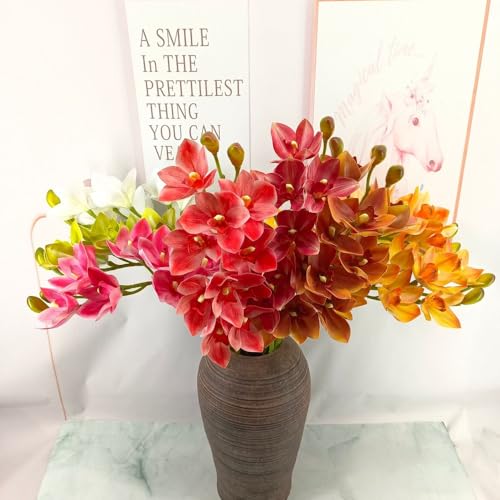 XIYUAN 28.5inch Artificial Phalaenopsis Flowers 2 Bunch 10 Large Petals Orchids Fake Cymbidium Flowers Artificial Orchid Flowers Stem Plants Latex Phalaenopsis Branches for Home Décor (Orange) - color: Orange 10 Heads