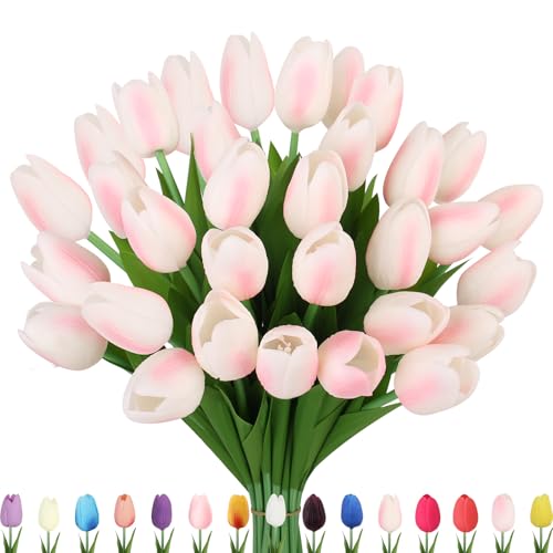 Artificial Tulips Flowers Fake Latex Tulip Stems - 30pcs Real Touch Faux Multicolor Tulips Flower for Easter Spring Wedding Bouquet Centerpiece Floral Arrangement Cemetery Table Decor - color: Gradual Pink 01