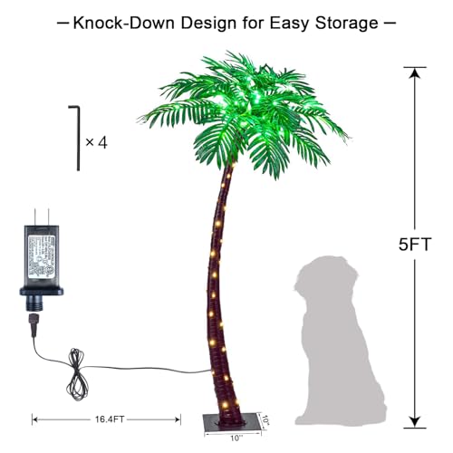 Lightshare 5 Feet Palm Tree 96LED Lights Artificial Fake Tree Decoration for Tiki Bar Outside Patio Porch Pool Christmas Nativity - size: 5ft