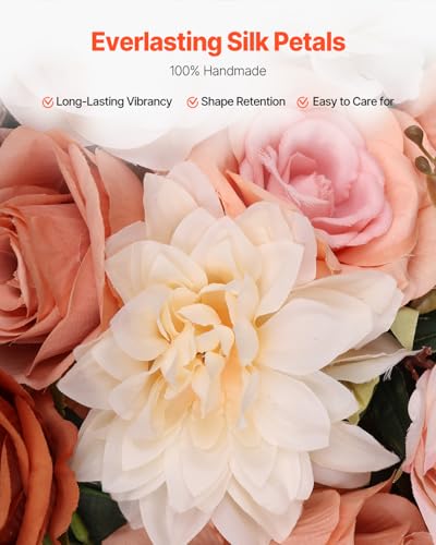 VEVOR Artificial Wedding Arch Flowers Kit, Orange Wedding Arch Flowers with Drapes Kit (Pack of 5) - 2 Pcs Floral Arrangement, 3 Pcs Sheer Drapes, for Ceremony Bouquets Reception Backdrop Decoration - color: Terracotta, size: 5 Pcs