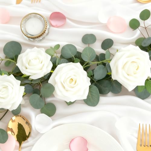 6FT Artificial Eucalyptus Garland with 14 Fake White Rose Flowers - Floral Greenery Decoration Vine for Runner, Backdrop, Arch Wall Decor,Indoor/Outdoor, (1 PCS) - size: 1 Pack