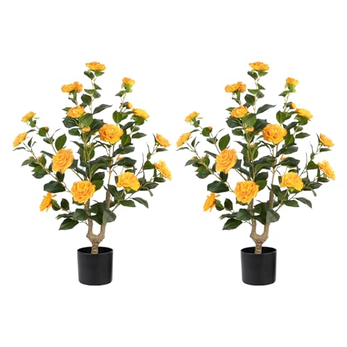 Artificial Camellia Tree 2 Pack - Realistic Camellia Plants in Pot with Orange Flowers, Lifelike Faux Greenery for Living Room, Patio, or Wedding, Orange - color: 2 Pack Orange