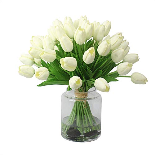 AMZALI Artificial Flowers Real Touch Mini PU Tulips Bouquet Fake Tulips Flowers Arrangement Artificial Plants for Wedding Centerpiece Room Home Hotel Party Event Christmas Decor Cream White Set of 30 - color: Cream White, size: 30PCS