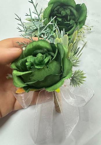 Rikyo Rose Wrist Corsage Wristlet Band and Men Boutonniere Set, Corsage for Prom, Bride Hand Flower, Wedding Flowers Ceremony, Wedding Party Prom Decor, Handmade Petals Hair Hat Wreath, Green - color: Green