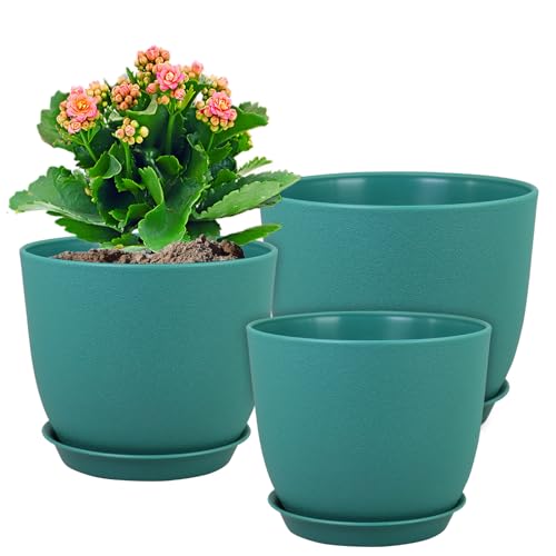 WSMKSZ Flower Pots 10/9/8 inch, Set of 3 Modern Decorative Plastic Planters with Drainage Holes and Tray for House Plants Indoor Flowers Plants, Plant Pots for Indoor Outdoor Plants, Blue Green - color: Blue-green, size: 10"+9"+8"