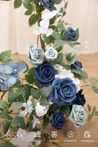 Ling's moment 2pcs Wedding Flowers Garland Artificial Floral Swag Arch Decorations Rose Greenery Arrangements Dusty Blue & Navy Ceremony Reception Garden Easel Wall Entryway Outdoor (NOT Include Sign - color: Dusty Blue & Navy