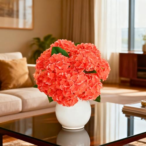 A Bunch 21in, Orange Real Touch Hydrangea Artificial Flowers, with 10pcs Flower Head 20pcs Leaves, Faux Hydrangea Flowers for Home Office Decor Wedding Party Arrangements (2, Orange-red) - color: Orange-red, size: 2 Bunch