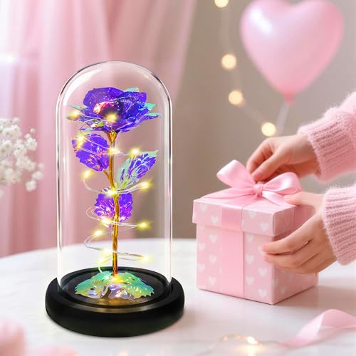 Childom Mothers Day Mom Gifts for Mom,Birthday Gifts for Women Moms Grandma,Flowers for Delivery Prime,Purple Light Up Rose in A Glass Dome,Anniversary Valentines Roses Gift for Her Wife Daughter - color: Purple Large