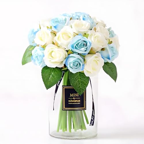 Jasion Artificial Roses Flowers 12 Heads Arrangement Silk Bouquet for Home Office Parties Bridal and Wedding Decoration (Blue and White) - color: Blue and White