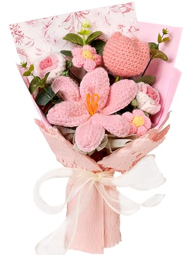 Crochet Flowers Bouquet - Handmade Tulips Roses Daisies Knitted Flowers for Mother's Day Wedding Anniversary Birthday Teacher Appreciation Gifts Home Decor Pink - color: Pink