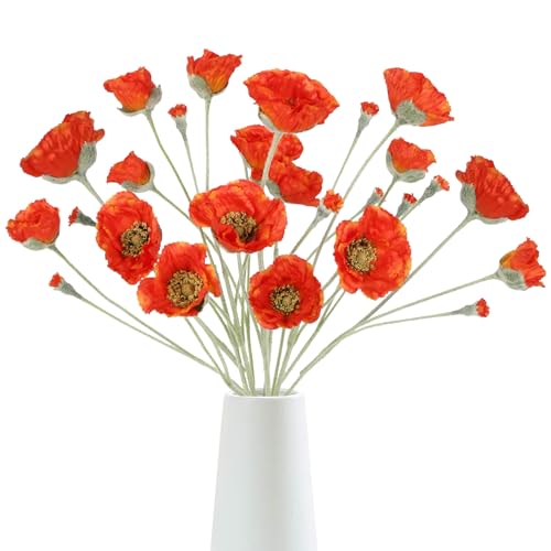6PCS Orange Poppy Flowers Artificial 30 Heads 26.77in Faux Poppy Flowers Silk Flowers with Long Flocking Stems Flowers for Wedding Party Home Office Decoration(Orange) - color: Orange Red