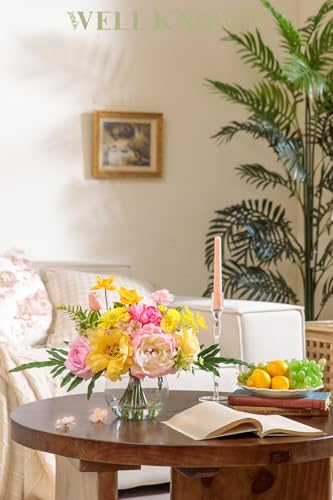 WELL KNOWN Artificial Flowers Centerpieces in Glass Vase with Fake Water, Yellow & Hot Pink Silk Rose Peony & Fake Tulips Bouquet for Birthday Party Wedding Dining Table Office Decor & Mom's Gift - color: Yellow & Hot Pink Plus