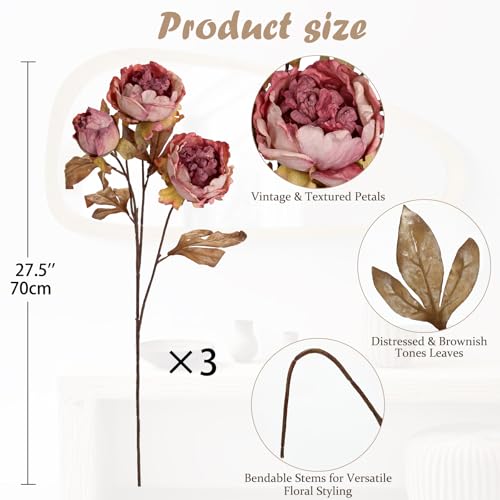 Briful Artificial Dried Look Fall Peony Flowers 3PCS 27.5in Tall Dusty Pink Vintage Silk Peony Bouquet Realistic Fake Peonies Floral Stems for Autumn Home Wedding Vase Centerpieces Arrangements Decor - color: Dusty Pink