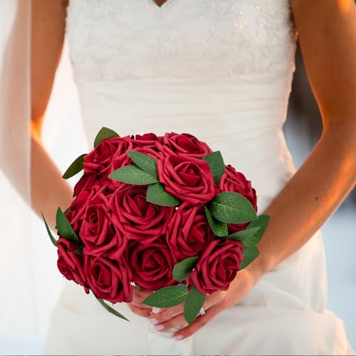NONMON 100pcs Artificial Flowers Dark Red Rose Real Looking Fake Foam Roses with Stem for Valentine's Day DIY Wedding Bouquets Bridal Shower Centerpieces Arrangements Party Home Decorations - color: Red
