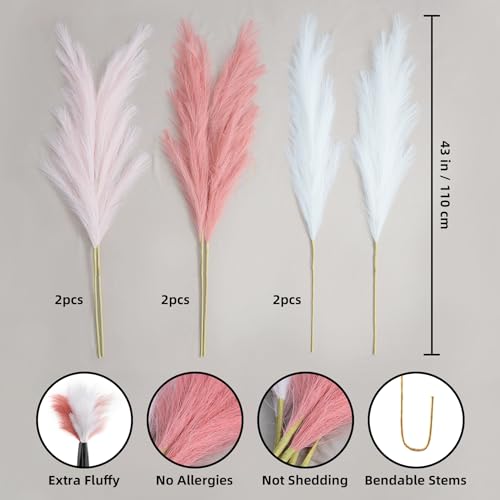 Pampas Grass Decor Tall, 43"/110cm Faux Pampas Grass 6 Stems Large Pompass Grass Branches Tall Bulk Boho Flower Arrangement for Home Room Wedding Party Decor - color: Blush&cream&pink