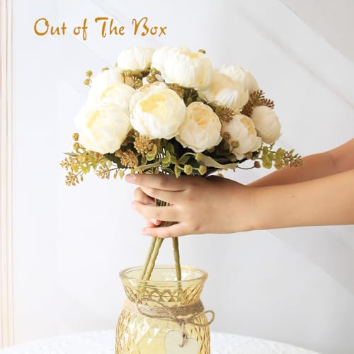 Faux Flowers in Vase,Fake Flowers in Vase 21 Pcs Faux Peony Flowers,Artificial Flowers for Home Decor, Indoor Centerpiece for Living Room & Dining Table (White) - color: White Peony