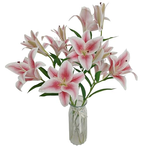 Artificial Lily Flowers,4 Pcs Faux Lily Flowers,32.5 Inch Long Stem Tiger Lily Branch with 2 Full Blooms and 1 Bud, Latex Real Touch Lilium Flower for Wedding Bouquet (4, Pink) - color: Pink