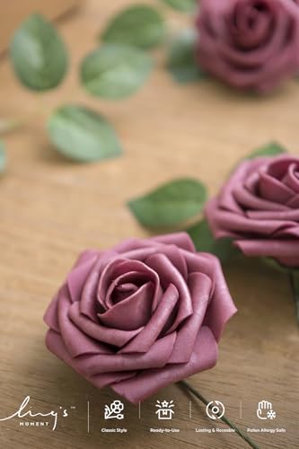Ling's moment Artificial Roses, Mauve, 3 Inch 25 Pcs | Foam Material, With Stems, DIY Floral, Wedding Bouquet/Centerpieces, Party/Room/Garden Decor - color: Pk- Mauve, size: 25Pcs