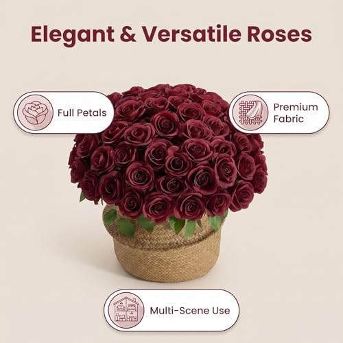 55 Pcs Burgundy Roses Artificial Flowers Bulk, Artificial Roses Fake Flowers with Adjustable Stems, Soft Foam Roses for DIY Wedding Bouquets, Bridal Shower Centerpieces, Home Party Decor - color: Burgundy