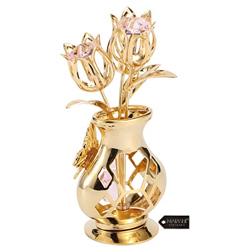 Matashi Crystal Studded 24K Gold Plated Flower Ornament with Pink Crystals and Butterfly Vase – Elegant Tabletop Accent for Living Room – Keepsake Gift for Women, Mom, Wife, Grandma, Birthday - color: Pink Crystal