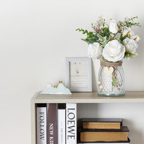 2 Packs Faux Flowers in vase,Fake Flowers with Vase, Artificial Silk Roses in Vase, Artificial Flowers in Vase, Faux Flower Arrangement with Vase for Farmhouse (White with vase)