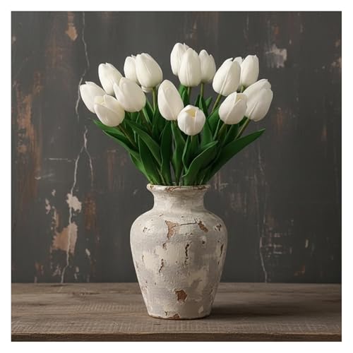18pcs Artificial Tulips 13" PU Artificial Flowers for Family Friends Gifts DIY Flower Arrangement Home Kitchen Office Party Wedding Dining Table Decoration, White - color: White