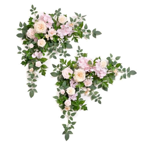 Ling's moment 2PCS Pink Artificial Floral Swags Wedding Arch Flower Garland Cream Rose Flowers Greenery for Table Backdrop Easel Wall Entryway Outdoor Board Decor - color: Pk-cream