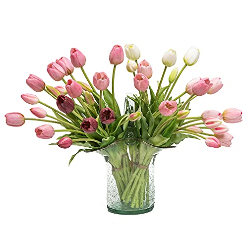 DUYONE 40Pcs Artificial Tulips Flowers, Soft Touch Realistic Latex Tulips Bouquet for Home Office Wedding Party Garden Decor, Fake Flowers for Dining Table Living Room Spring(Light Purple Set) - color: A Style-40pcs Light Purple Set (No Vase)