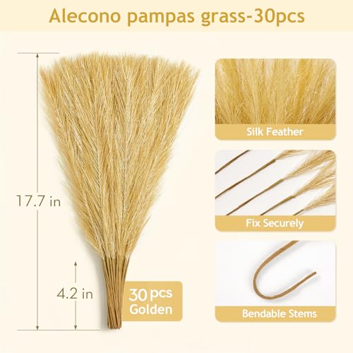 Alecono 𝟯𝟬𝙋𝙘𝙨 Pampas Grass 17in, Gold Decor for Home Decoration, Faux Pampas Grass Decor for Wedding Centerpieces Birthday Party - color: Golden, size: 30pcs