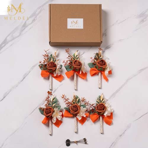 Burnt Orange Terracotta Faux Foam Rose Boutonnieres for Men 6Pcs | Artificial Foam Rose Boutonnieres for Wedding Prom Groom Groomsmen Party Suit Decoration Homecoming Graduation - color: Orange Boutonniere