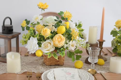 YYHUAWU Artificial Flowers Combo Fake Silk Flowers for DIY Wedding Bridal Bouquets Lemon Yellow Fake Foams Rose Flowers Set Centerpieces Arrangements Party Baby Showers Home Cake Decorations - color: Lemon Yellow