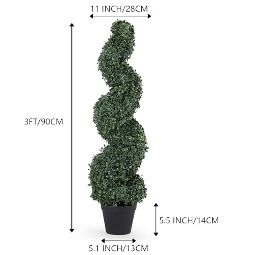 3ft Spiral Topiary Trees Artificial Outdoor Set of 2 – UV Resistant Faux Boxwood Plants for Outdoor Planters, Fake Bushes & Shrubs for Front Porch Outside Decor (3 Foot/36 Inch) - color: Dark Green, size: 3ft