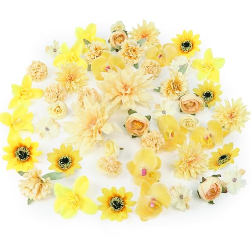 LACGO 48 PCS Fall Fake Flowers Heads - Artificial Flower Heads Bulk Silk Faux Flower for Crafts Cake Blossom Wreath Garland Bouquets for Crafts Wedding Bridal Party Baby Shower Home Decoration(Yellow) - color: Yellow