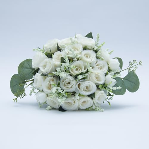 Artificial Bridesmaid Bouquets Set of 8 - Ivory White 9 Inch Various Flower Bouquet for Wedding Party Ceremony Anniversary Dinning Table Centerpieces Decor Faux (Rose with Ribbon) - color: All Small Rose