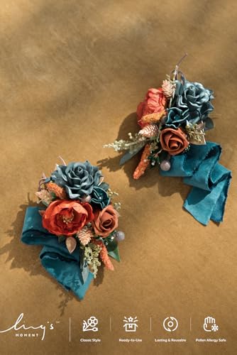 Ling's moment 2pcs Homecoming Wedding Wrist/Shoulder Corsage Artificial Flower, Girl/Mother Prom Corsage Wristlet Décor, etc. Dark Teal Orange - color: Or-dark Teal & Orange